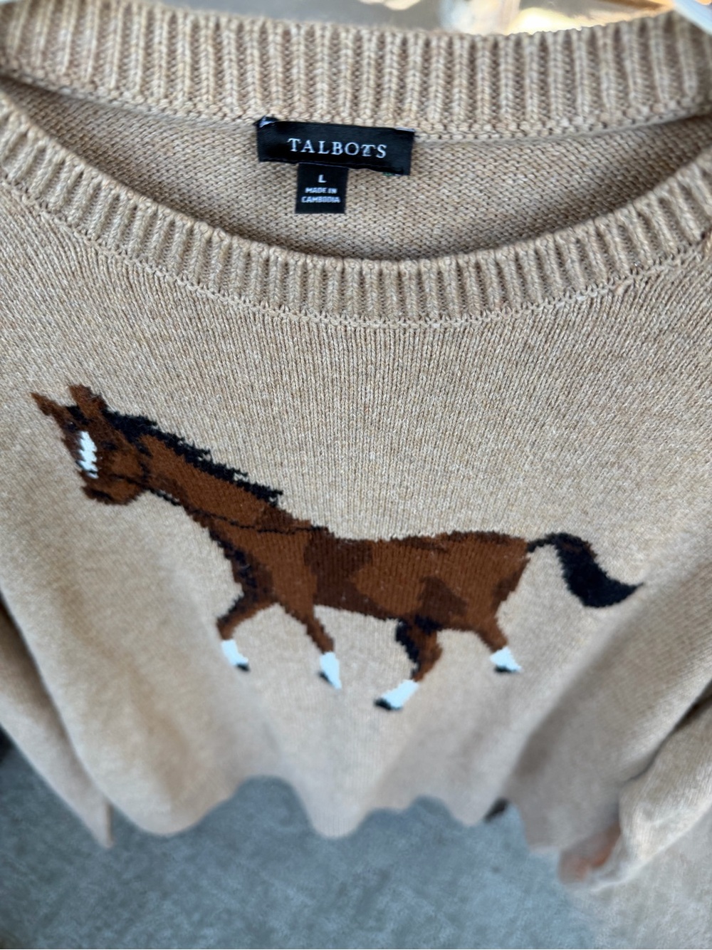 Talbots Horse Intarsia Sweater Women’s Large Equestrian Beige Crew Neck Knit - Picture 4 of 6
